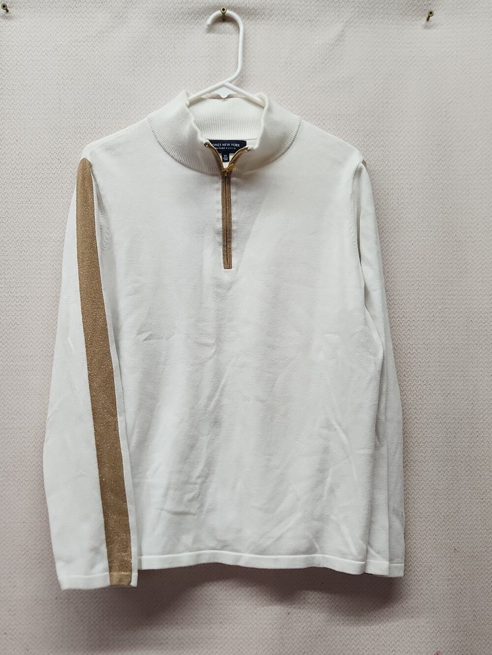 Jones New York White Pullover with Gold Zip Detail